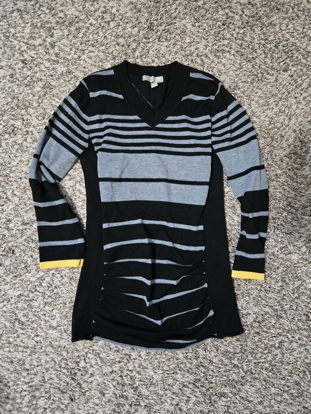 Striped V-Neck Knit Top in Black, Gray & Yellow Trim